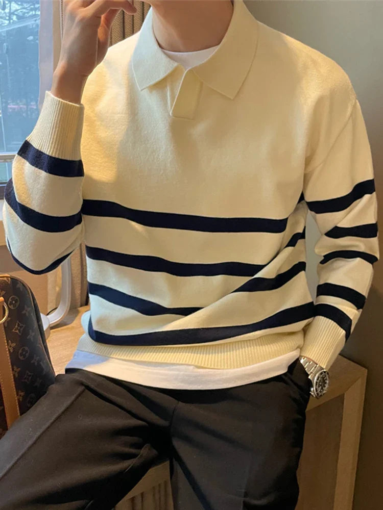 Calvin Men’s Knit Polo Sweater – Striped Long Sleeve