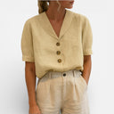 Women’s Linen Cotton Shirt Short Sleeve Casual Summer Top