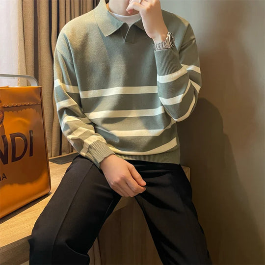Calvin Men’s Knit Polo Sweater – Striped Long Sleeve