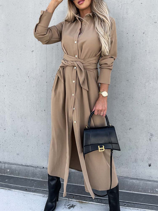 Daphne | Button-Down Long-Sleeve Maxi Dress with Waist Tie