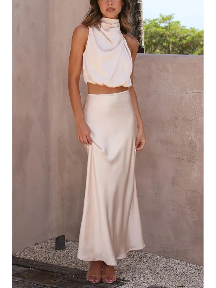Nina – Elegante midi-rok & mouwloze crop top set
