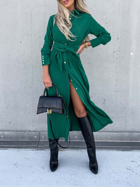 Daphne | Button-Down Long-Sleeve Maxi Dress with Waist Tie