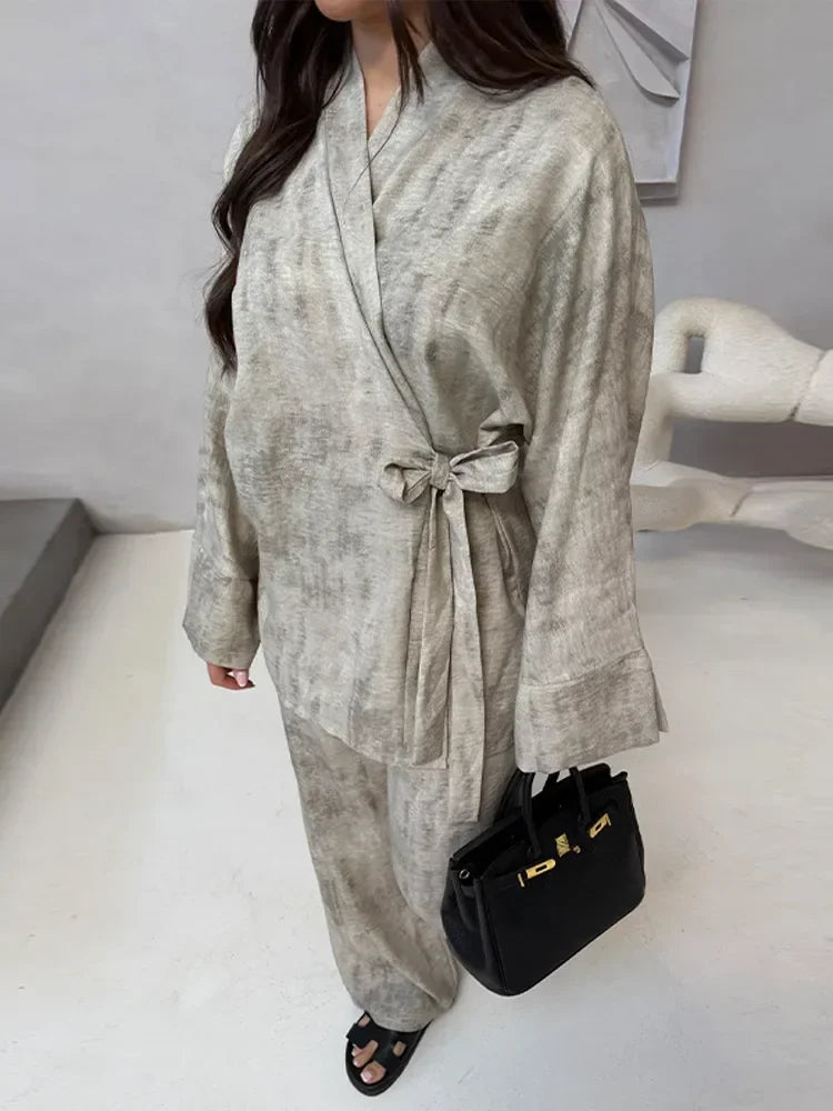 Rose – Vintage Loose Two-Piece Outfit Set, V-Neck and Wide Legs