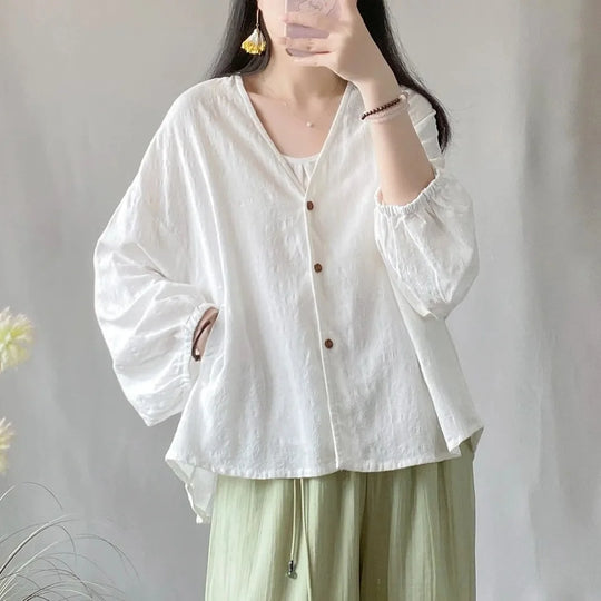 Adele – Women’s Loose Cotton Linen Summer Top with Long Sleeves
