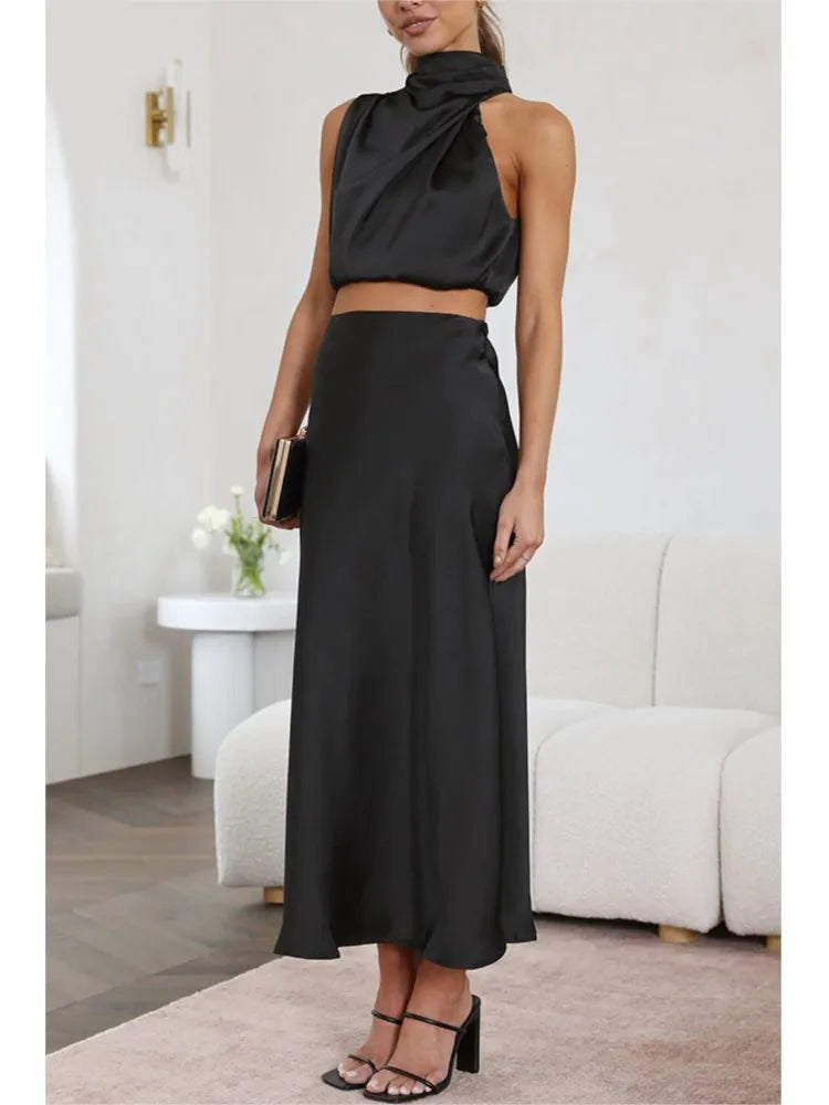Nina – Elegante midi-rok & mouwloze crop top set