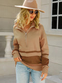 Alina | Damenpullover mit halbem Reißverschluss und gestreiftem Detail