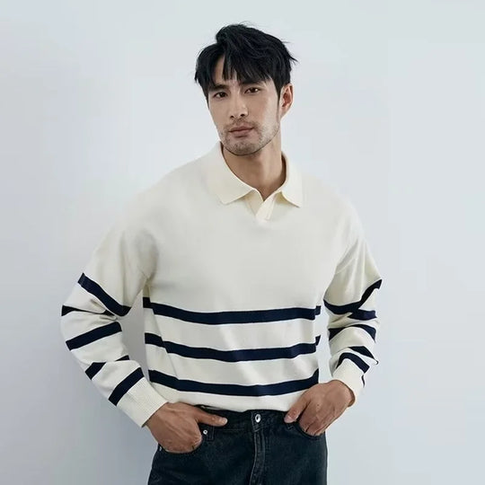 Calvin Men’s Knit Polo Sweater – Striped Long Sleeve