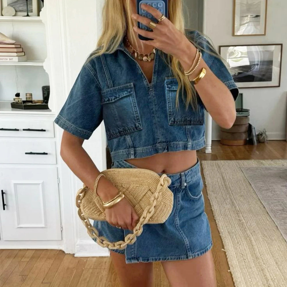Lore – Women’s Denim Two-Piece Set with V-Neck Top & Mini Skirt Shorts