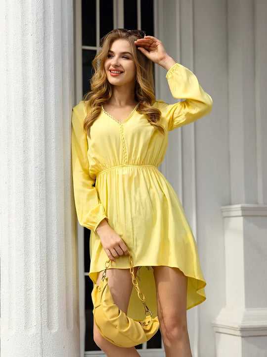 Clara – Women’s Casual V-Neck Long Sleeve A-Line Mini Dress