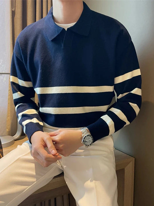 Calvin Men’s Knit Polo Sweater – Striped Long Sleeve