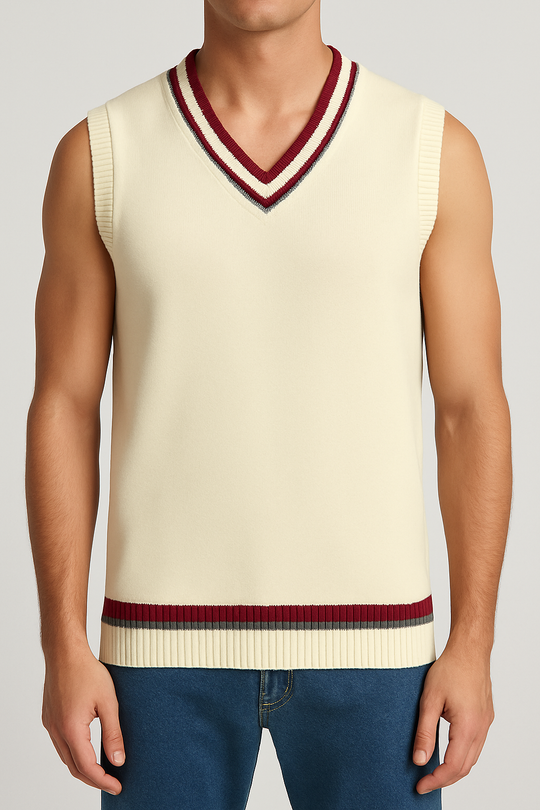 Cream-colored sweater vest with red and green trim worn by a person on a gray background