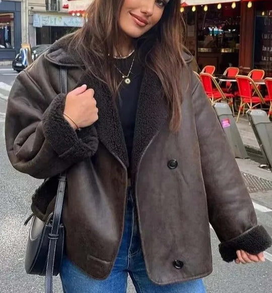 Alessia Women’s Shearling Coat – Short Double Breasted Winter Jacket