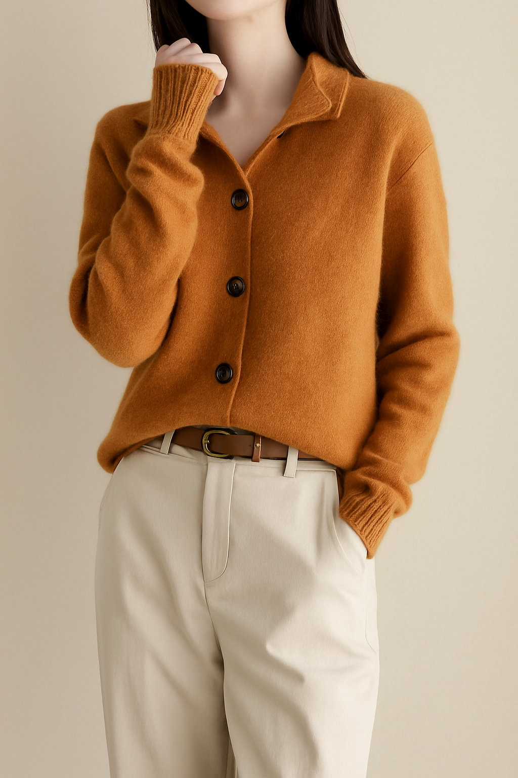 Person wearing a brown cardigan with beige pants on a neutral background