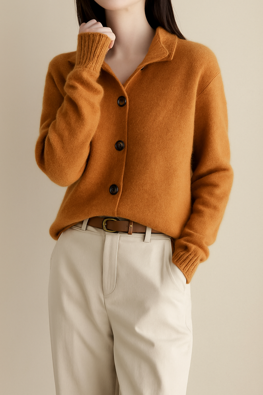 Person wearing a brown cardigan with beige pants on a neutral background