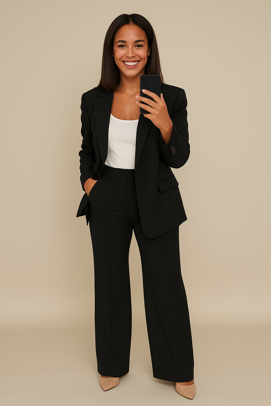 Woman wearing a black suit with a white top on a beige background