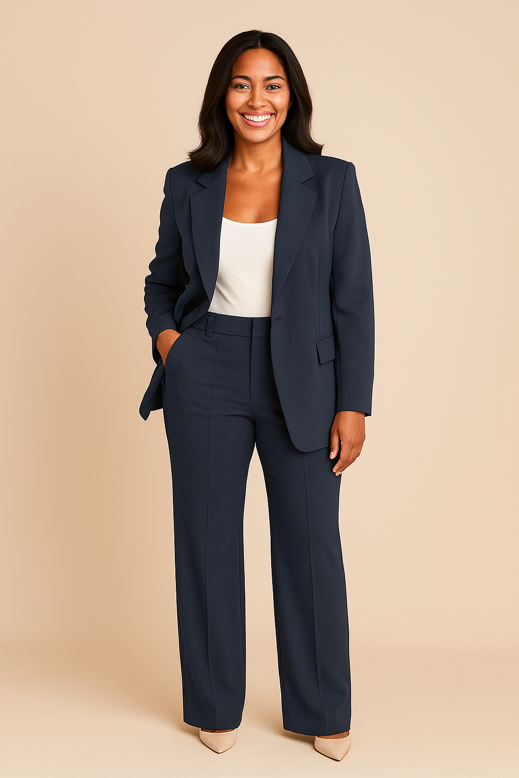 Woman wearing a navy suit with a beige background