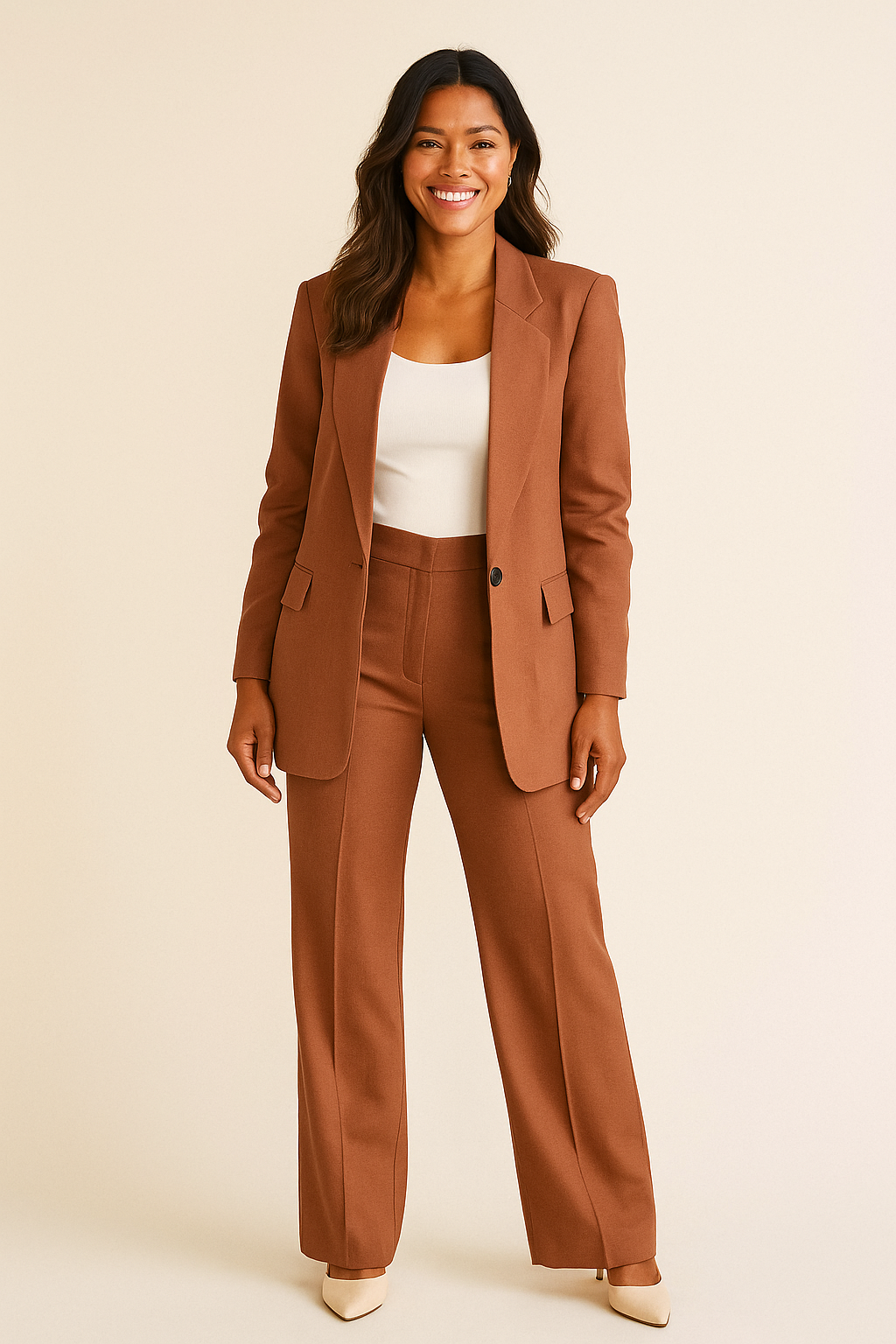 Woman wearing a brown suit with a white top on a beige background