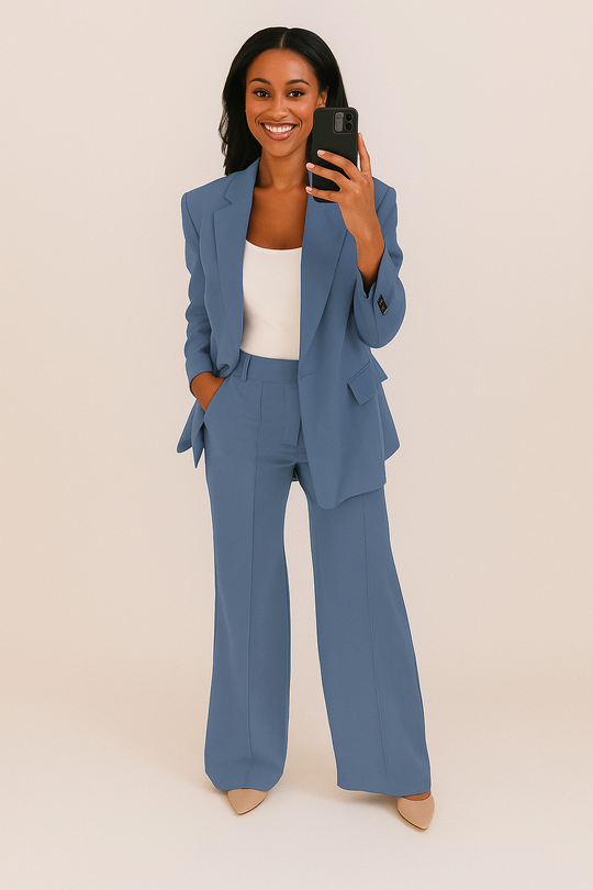 Woman wearing a blue suit with a white top, holding a phone on a beige background