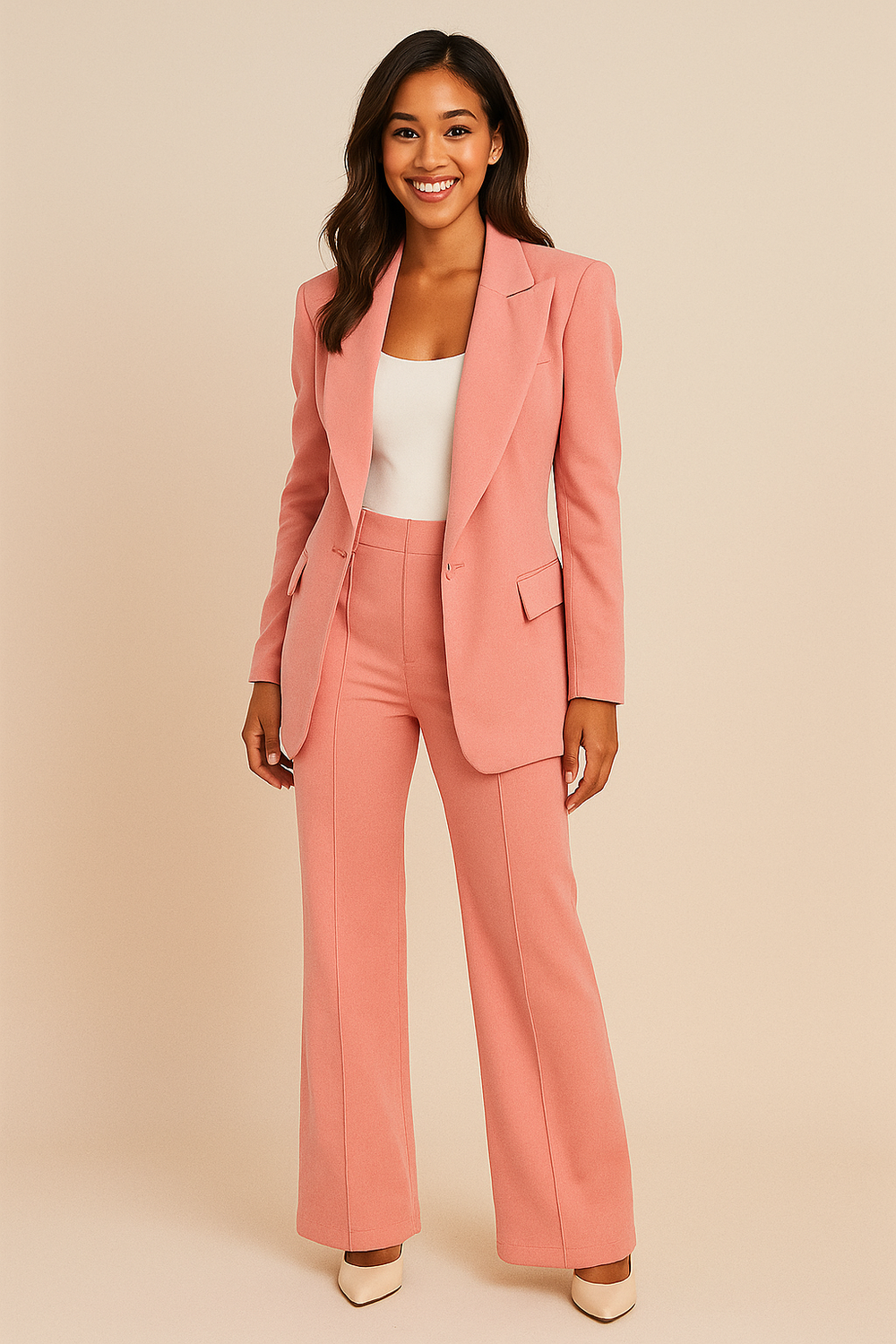 Woman wearing a pink suit with a white top against a beige background