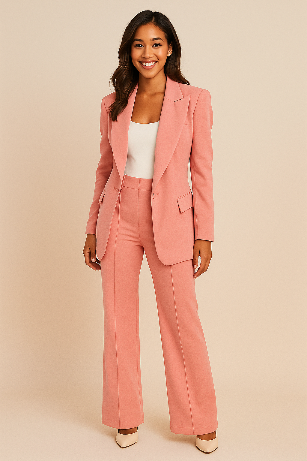Woman wearing a pink suit with a white top against a beige background
