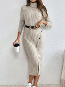 Elvira Damen Strickkleid – Langarm Rollkragen Geripptes Midikleid