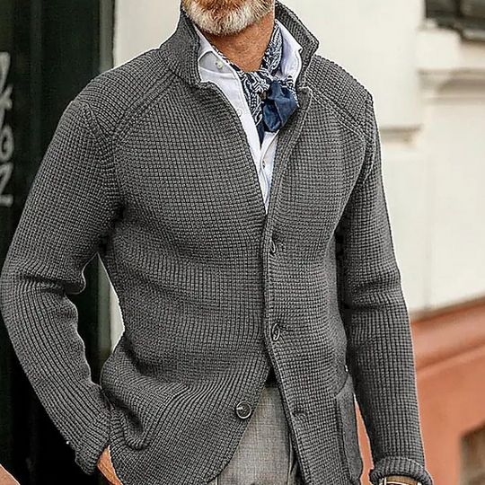 Harrison Men’s Knit Cardigan – Button-Up with Suede Details