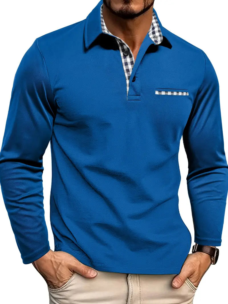 Blue long-sleeve shirt with plaid collar worn by a person on a white background