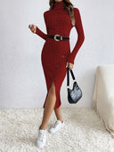 Elvira Damen Strickkleid – Langarm Rollkragen Geripptes Midikleid