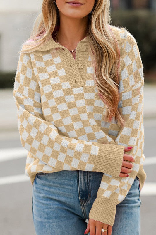 Rosalin - Women's V-Neck Sweater with Checkered Design and Buttons