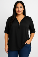Caro Blouse – Chiffon Pullover with Deep V-Neck and Zipper Detail