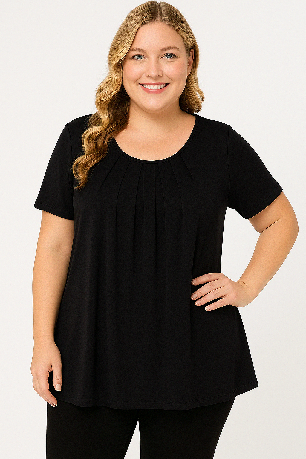 Linda Tunic – Pleated O-Neck Summer Top with Short Sleeves