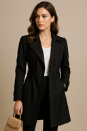 Woman wearing a black coat over a white top on a beige background