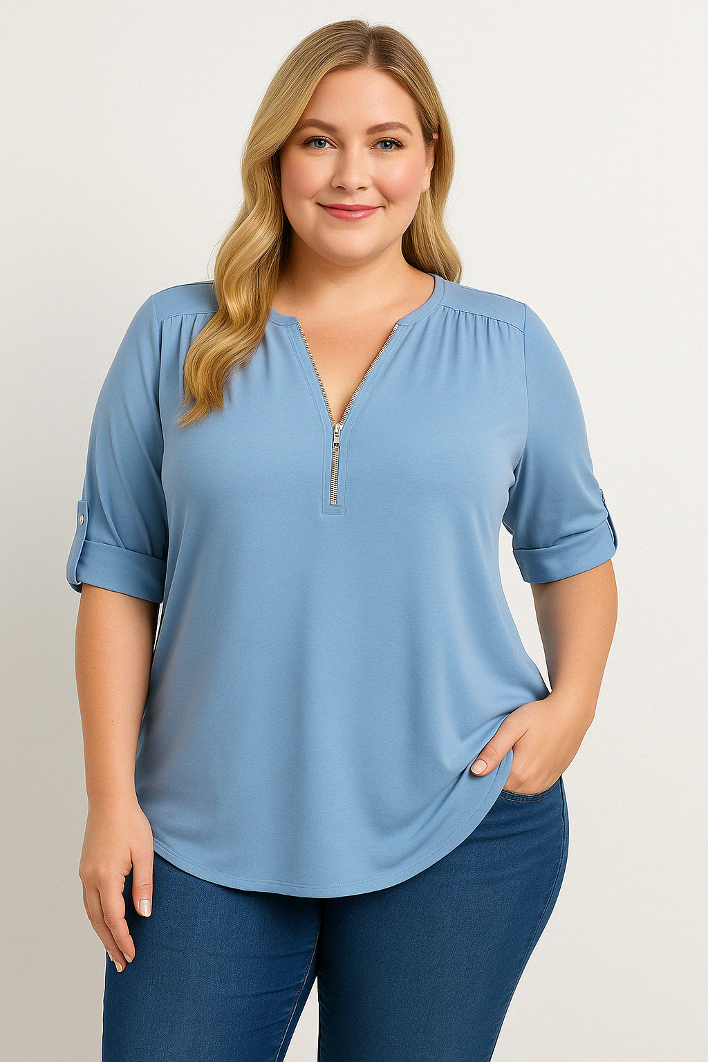Caro Blouse – Chiffon Pullover with Deep V-Neck and Zipper Detail