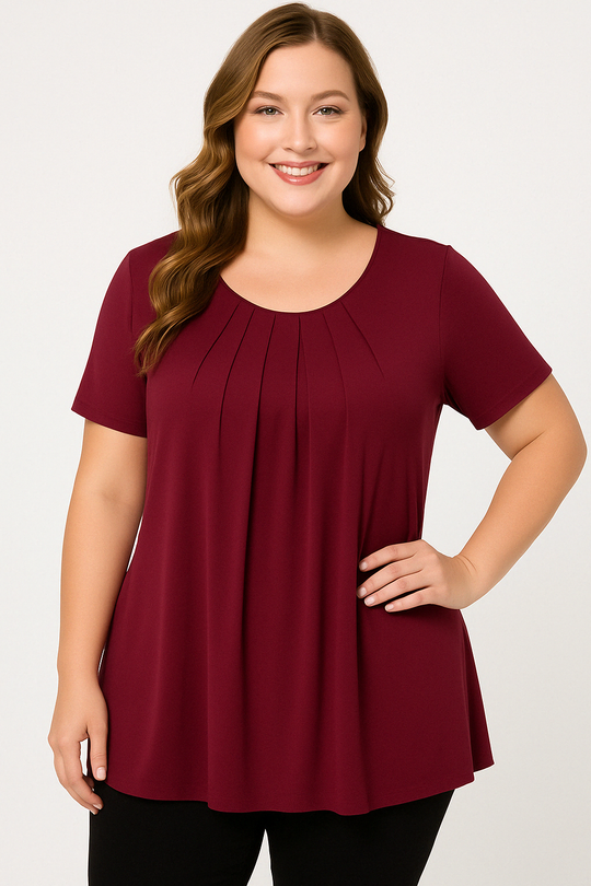 Linda Tunic – Pleated O-Neck Summer Top with Short Sleeves