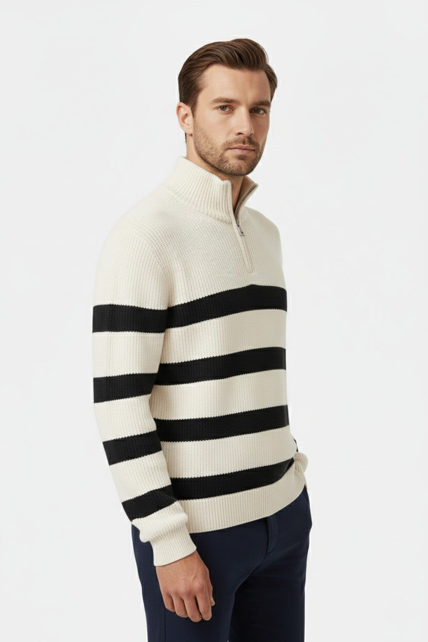 Barclay & Bloom | Herren Halb-Reißverschluss Pullover – Gestreifter Rippstrick Pullover