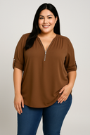 Caro Blouse – Chiffon Pullover with Deep V-Neck and Zipper Detail