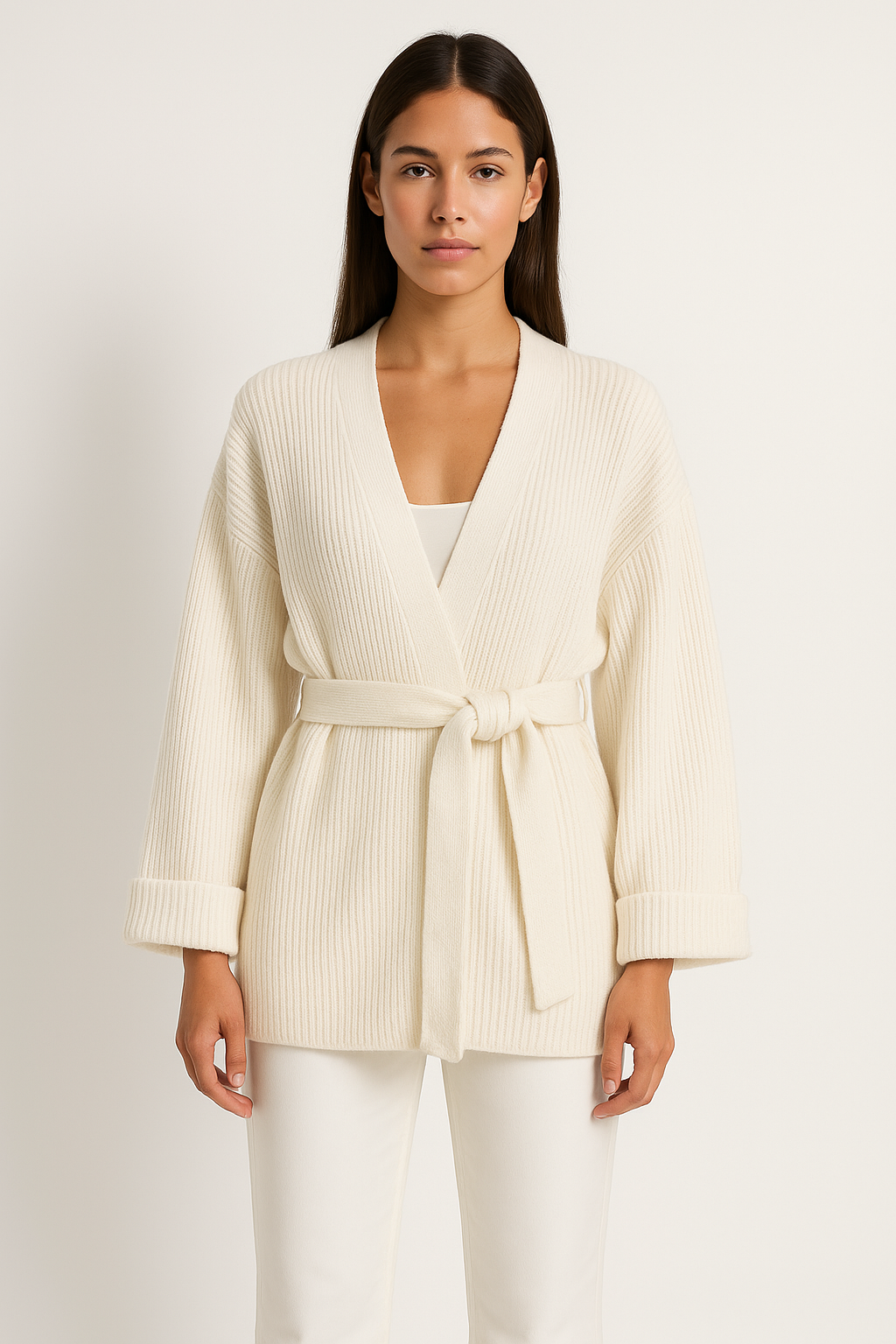 Woman wearing a cream ribbed knit cardigan with a belt on a white background