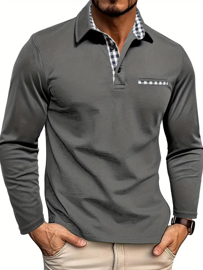 Gray long-sleeve polo shirt worn by a person on a white background