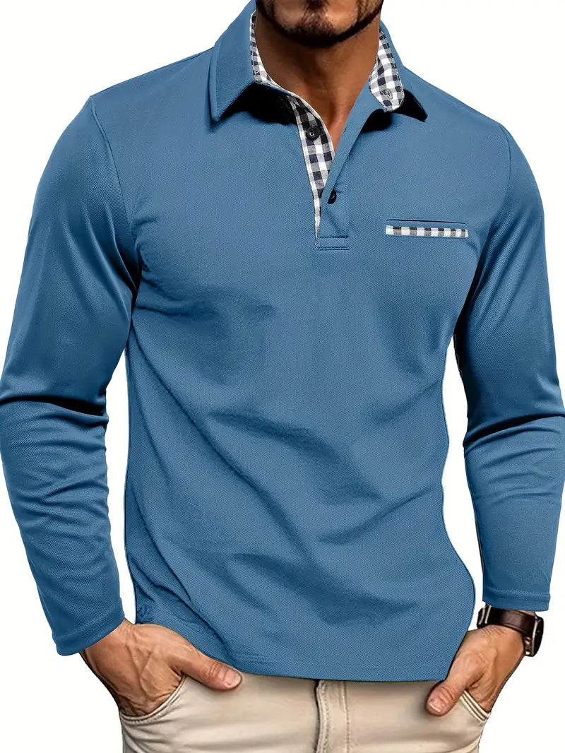 Blue long-sleeve shirt with plaid collar worn by a person on a white background