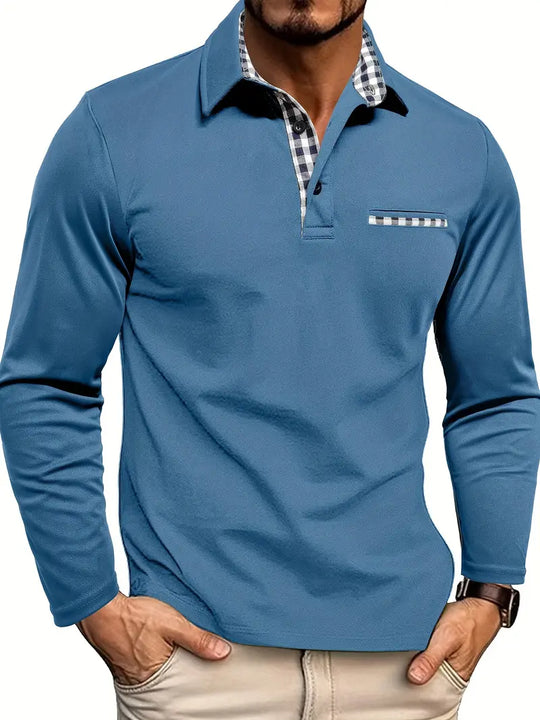 Blue long-sleeve shirt with plaid collar worn by a person on a white background