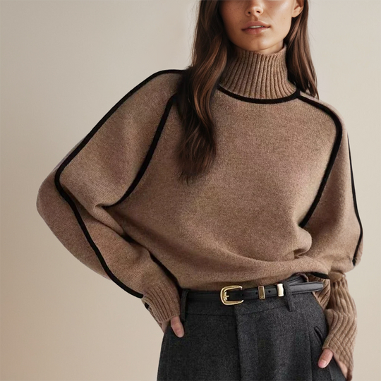 Clara Women’s High Neck Sweater – Long Sleeve Contrast Trim Pullover