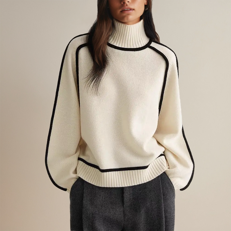 Clara Women’s High Neck Sweater – Long Sleeve Contrast Trim Pullover