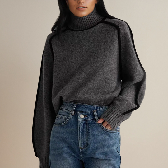 Clara Women’s High Neck Sweater – Long Sleeve Contrast Trim Pullover
