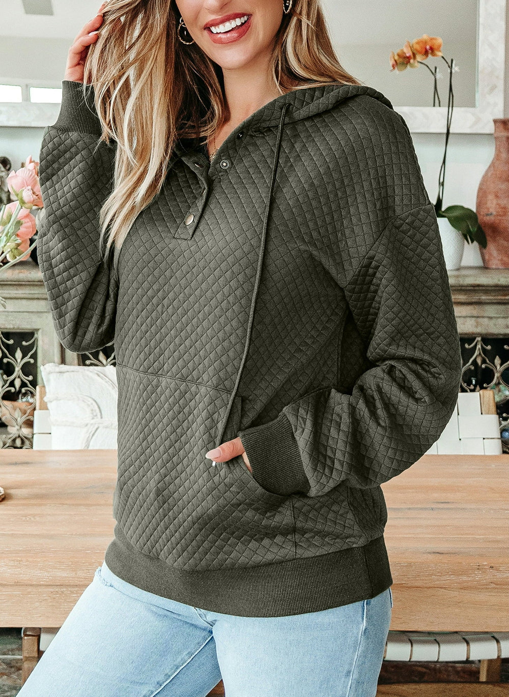 Barclay & Bloom | Women’s Quilted Hoodie – Long Sleeve Pullover with Buttons and Kangaroo Pocket