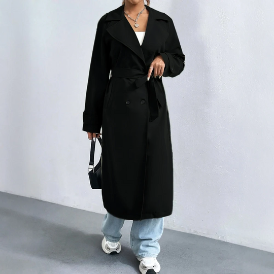 Sienna Women’s Long Trench Coat – Double Breasted Classic Overcoat