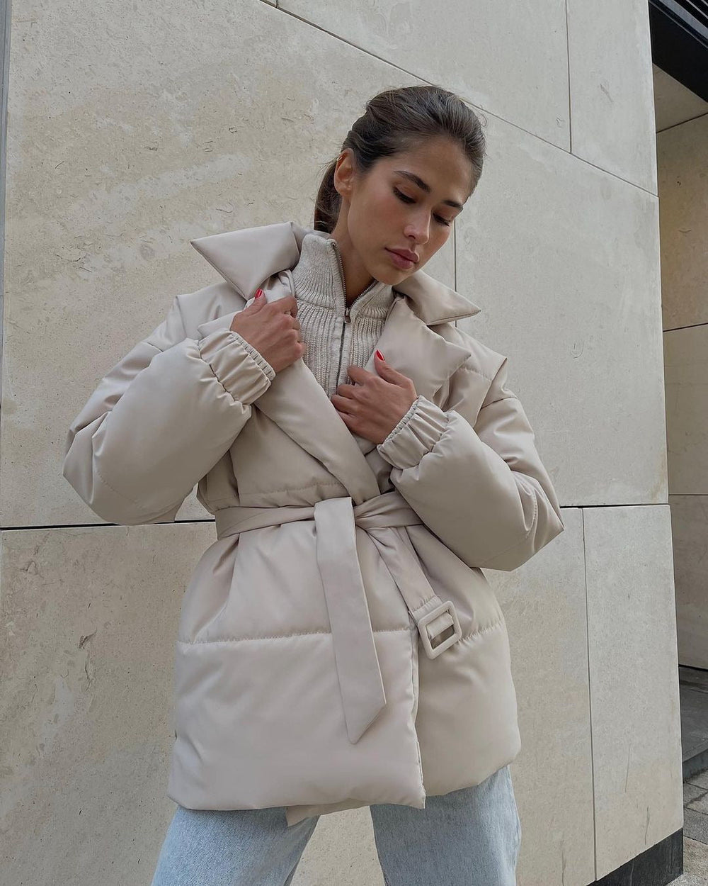 Liana Women’s Belted Puffer Jacket – Short Winter Coat