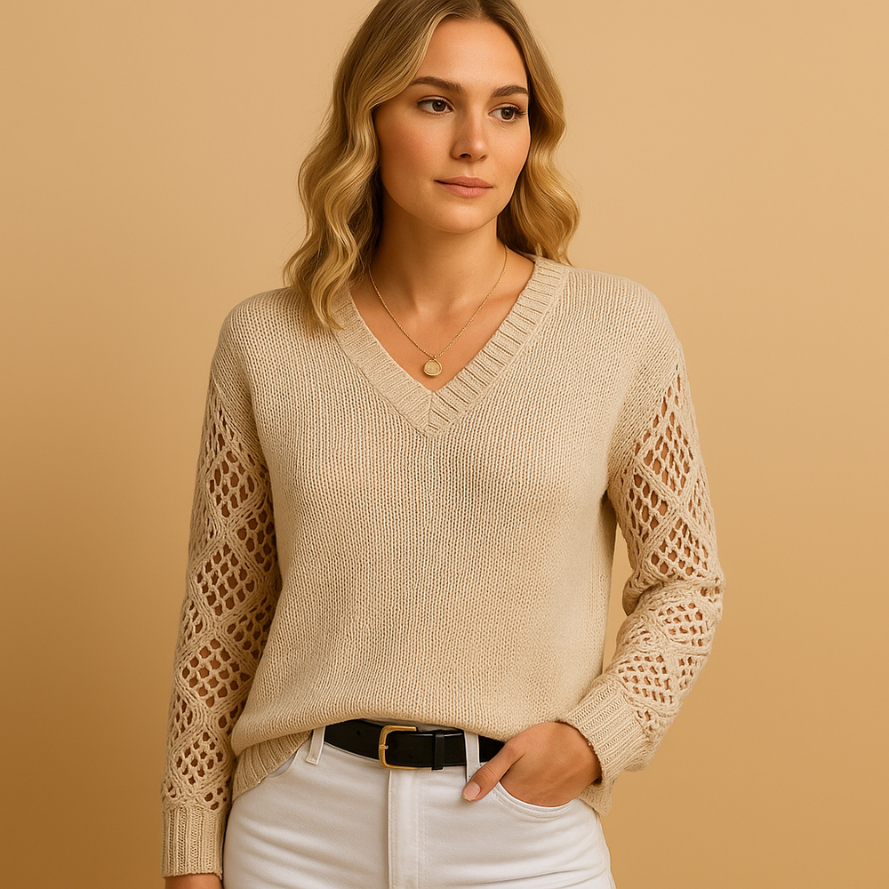 Barclay & Bloom | Women’s Knit Sweater – V-Neck Openwork Sleeve Pullover