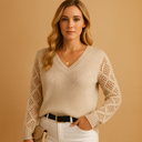 Barclay & Bloom | Damen Strickpullover – V-Ausschnitt Pullover mit Lochmusterärmeln