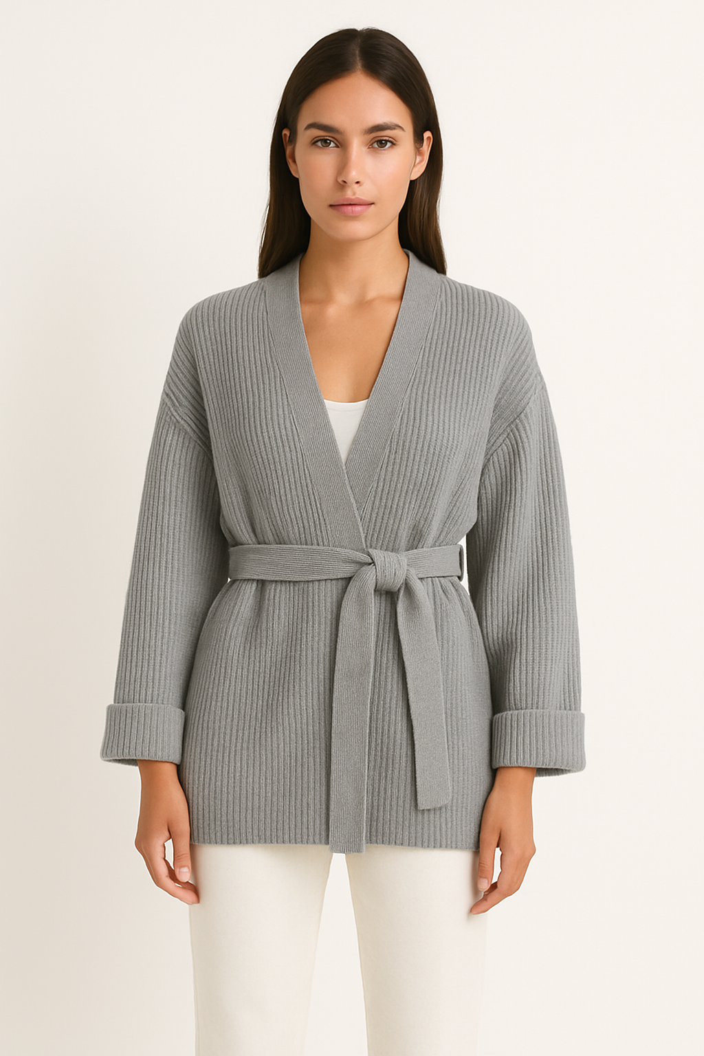Woman wearing a gray ribbed cardigan with a belt on a beige background
