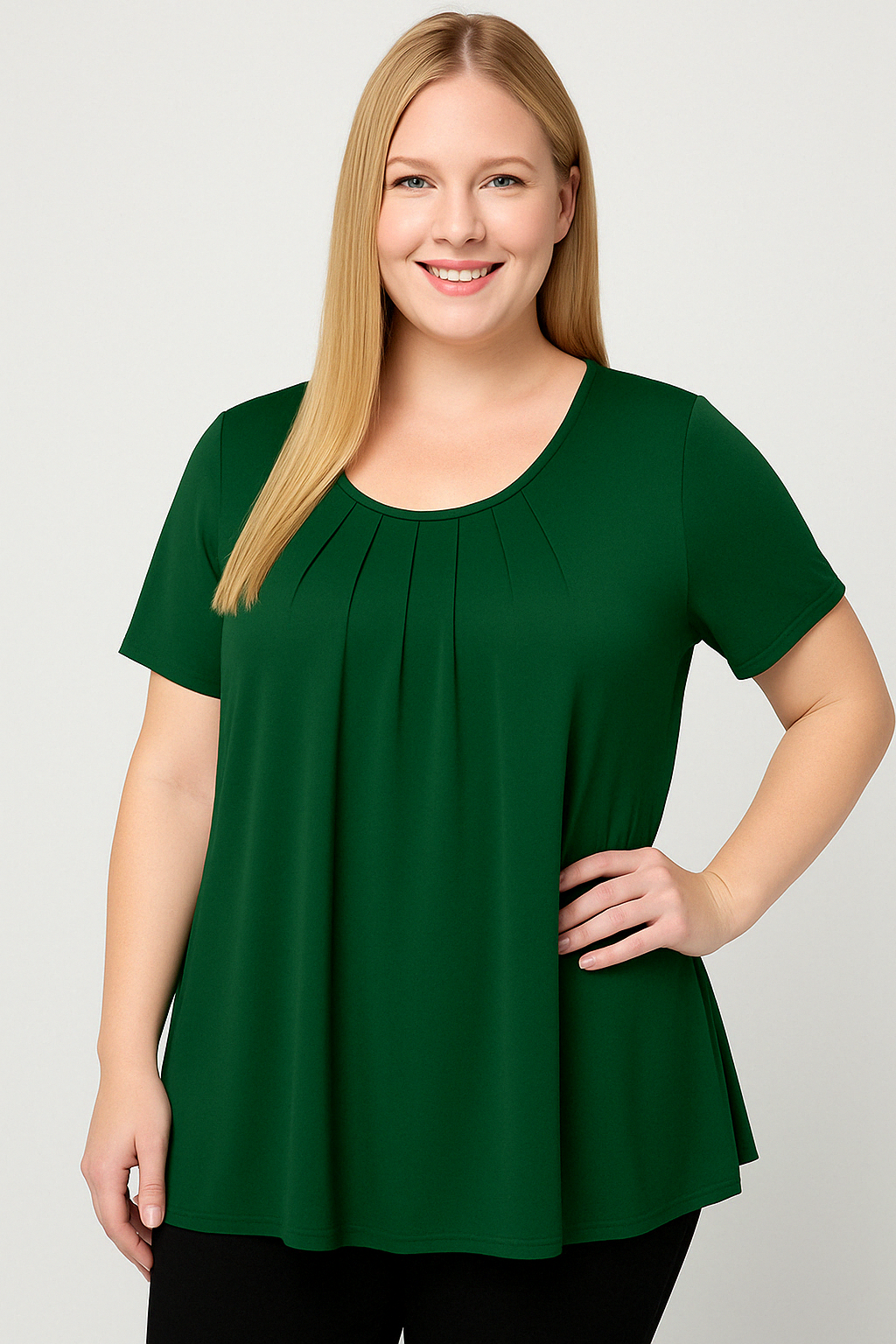 Linda Tunic – Pleated O-Neck Summer Top with Short Sleeves